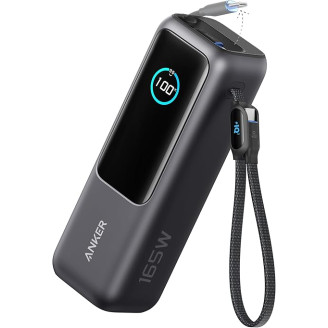 POWER BANK Anker 25.000 mAh, 165W 2 x cablu USB-C incorporat, 3 x USB-C (max 100W per port), 1 x USB-A (max 30W), afisaj LED, 595g, gri, POWER BANK Anker 25.000 mAh, 165W 2 x cablu USB-C incorporat, 3 x USB-C (max 100W per port), 1 x USB-A (max 30W), afisaj LED, 595g, gri,