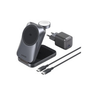 Statie de incarcare wireless 3 in 1 Anker, Prime, 45W, portabil, pliabil, fast charge, pentru iPhone seriile 12-17, Apple Watch, AirPods,exceptie iPhone 17 Air, 1 x USB-C incarcare, gri, 