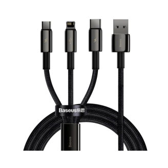 CABLU alimentare si date Baseus Tungsten Gold One-for-three, Fast Charging Data Cable pt.smartphone,USB la Micro-USB+Lightning+USB Type-C 3.5A,braided,1.5 m,negru 