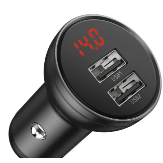 INCARCATOR AUTO Baseus Digital Display, 2 x USB Output 5V/4.8A, total output 24W, pt. bricheta auto, afisaj digital, gri 