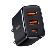 INCARCATOR retea Baseus Compact, Quick Charge 30W, 2 x USB Type-C Output 5V/3A, 1 x USB Output 5V/3A, negru INCARCATOR retea Baseus Compact, Quick Charge 30W, 2 x USB Type-C Output 5V/3A, 1 x USB Output 5V/3A, negru