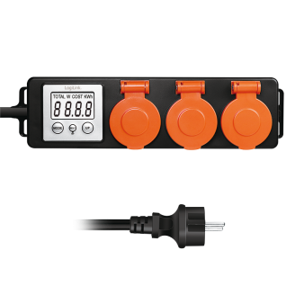PRELUNGITOR LOGILINK, Schuko x 3, cablu 3G 1.5mm2, 230 V/16 A, 50 Hz, max. 3500 W, contor cost energetic, LCD, 3 butoane operare, IP44, de exterior, 1.4m, negru-portocaliu, 
