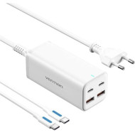 Alimentator retea Vention, 2 x USB-C (100W/100W), 2 x USB-A (18W/18W), GaN, PD, QC, Cablu alimentare 1.5m built-in, Cablu USB-C 1m inclus, alb, 