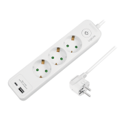 PRELUNGITOR LOGILINK, Schuko x 3, USB-A x 1, USB-C x 1, cablu 3G 1.5mm2, 230 V/16 A, 50 Hz, max. 3500 W, buton intrerupator iluminat, IP20, 2m, alb, 