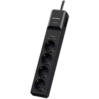 PRELUNGITOR CYBER POWER, Schuko x 4, conectare prin Schuko (T), USB x 2, cablu 1.8 m, 10 A, protectie supratensiune, negru, 