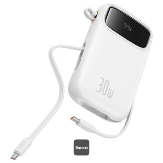 POWER BANK Baseus Qpow2 Digital Display, 10000mAh, 30W, 2 x USB Type-C output/input, 1 x USB, include cablu USB Type-C la USB Type-C 30cm, alb, 