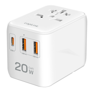 ALIMENTATOR retea 220V LOGILINK, universal, 1 x USB-C,  2 x USB-A, maxim 12V/1.67A, PD 20W, suport OCP/OVP/OHP/SCP, compatibil EU/AUS/US/UK, alb, 