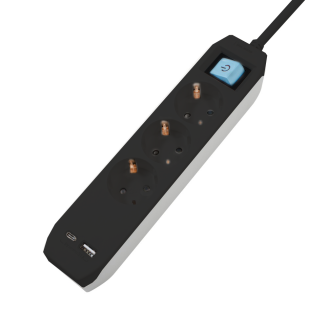 PRELUNGITOR SPACER, Schuko x 3, conectare prin Schuko (T),Type-C x1,  USB x 1, 3.1A, cablu 4.5m, 16 A, max. 3500W,protectie copii,  Intrerupator, Negru, 