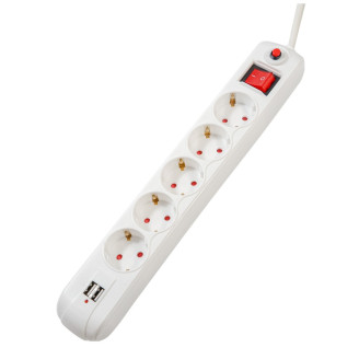 PRELUNGITOR SPACER, Schuko x 5, conectare prin Schuko (T), USB x 2, cablu 1.8 m, 16 A, max. 3500W, protectie supratensiune, alb, 45506867 