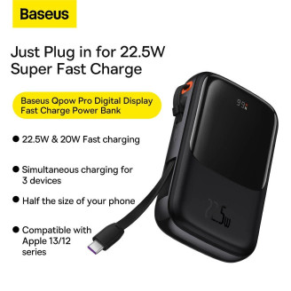 POWER BANK Baseus Qpow Pro Digital Display, 10000mAh, 22.5W, 1 x cablu integrat USB Type-C output/input, 1 x USB, 1 x Lightning, negru, POWER BANK Baseus Qpow Pro Digital Display, 10000mAh, 22.5W, 1 x cablu integrat USB Type-C output/input, 1 x USB, 1 x Lightning, negru,
