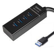 HUB extern SPACER, porturi USB: USB 3.0 x 4, conectare prin USB 3.0, 1m lungime cablu, negru, 45507057 