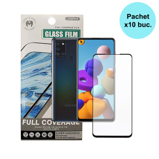 FOLIE STICLA  Spacer pentru Samsung Galaxy A21S contine 10 bucati, grosime 0.3mm, acoperire totala ecran, strat special anti-ulei si anti-amprenta, Tempered Glass, sticla 9D, duritate 9H 