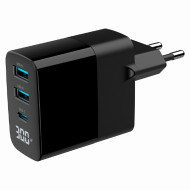 ALIMENTATOR retea 220V GEMBIRD, universal, 1 x USB Type-C D 30W, 2 x USB-A 3.0 QC 18W, LCD display, tehnologie GaN, negru, ALIMENTATOR retea 220V GEMBIRD, universal, 1 x USB Type-C D 30W, 2 x USB-A 3.0 QC 18W, LCD display, tehnologie GaN, negru,