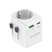 ADAPTOR GEMBIRD, universal, EU la conectori: US/UK/CN/AU, cu impamantare, 1x Schuko, 1x USB Type-C PD 20W, 1x USB-A QC 18W, siguranta 10A, max. 2500W, alb, 