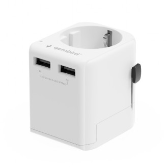 ADAPTOR GEMBIRD, universal, EU la conectori: US/UK/CN/AU, cu impamantare, 1x Schuko, 2x USB-A 12W, siguranta 10A, max. 2500W, alb, ADAPTOR GEMBIRD, universal, EU la conectori: US/UK/CN/AU, cu impamantare, 1x Schuko, 2x USB-A 12W, siguranta 10A, max. 2500W, alb,