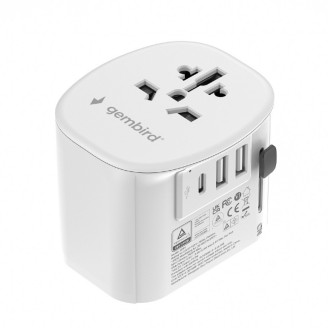 ADAPTOR GEMBIRD, universal, conectori: US/UK/EU/AU, 1x USB Type-C 15W, 2x USB-A 12W, siguranta 10A, max. 2300W, alb, ADAPTOR GEMBIRD, universal, conectori: US/UK/EU/AU, 1x USB Type-C 15W, 2x USB-A 12W, siguranta 10A, max. 2300W, alb,