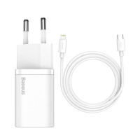 INCARCATOR retea Baseus Super Si, Quick Charge 20W, 1 x USB Type-C 5V/3A max, include cablu USB Type-C la Lightning Iphone 1m, alb 