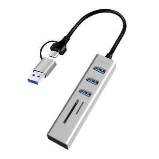HUB extern LOGILINK, porturi USB: USB 3.0 x 3, conectare prin USB-C 3.0, adaptor conectare USB-A, SD/SDHC + microSD, metal, argintiu, 