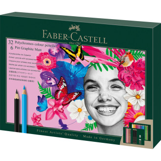 SET CADOU 32 CREIOANE COLORATE POLYCHROMOS + 6 CREIOANE GRAFIT MATT + ACCESORII FABER-CASTELL
